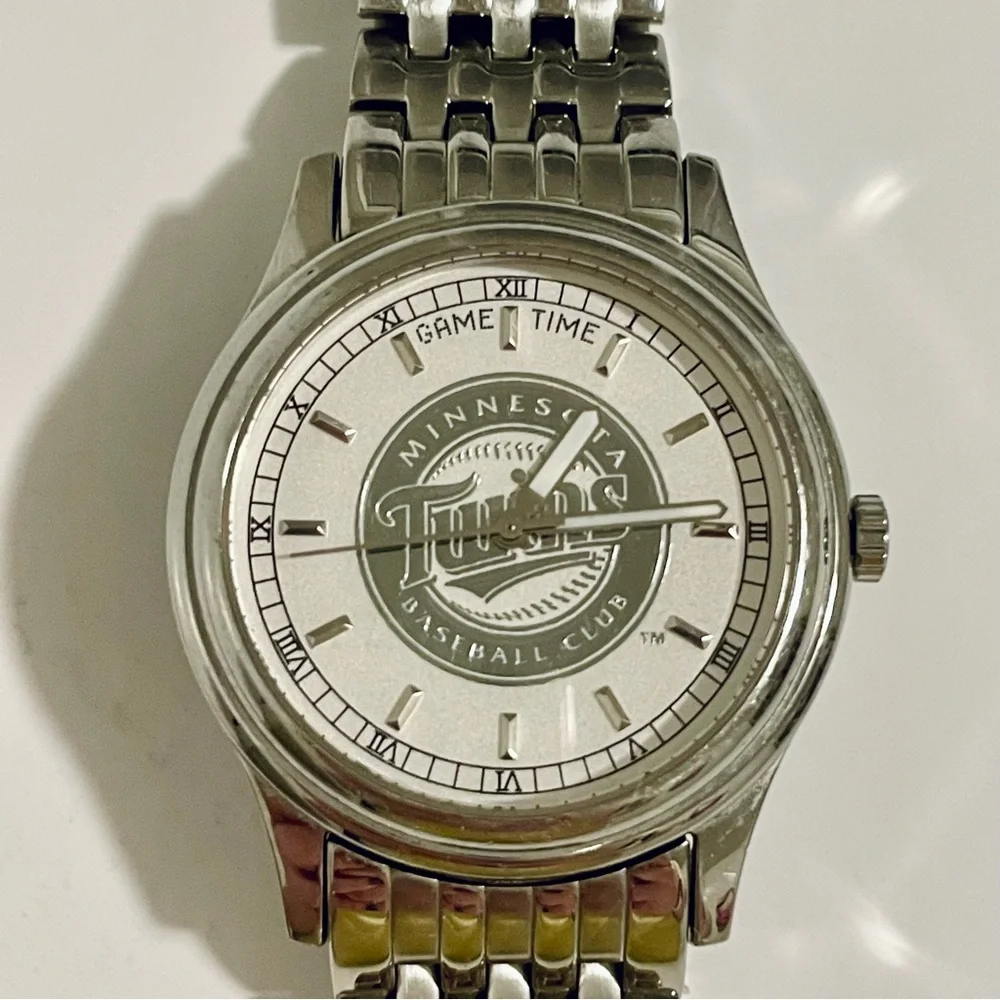 Men’s Game Time Minnesota Twins Baseball Silver Multi-Link Watch
